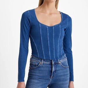 Express Body Contour Corset-Style Long Sleeve Top – Size L – Indigo Blue/Denim